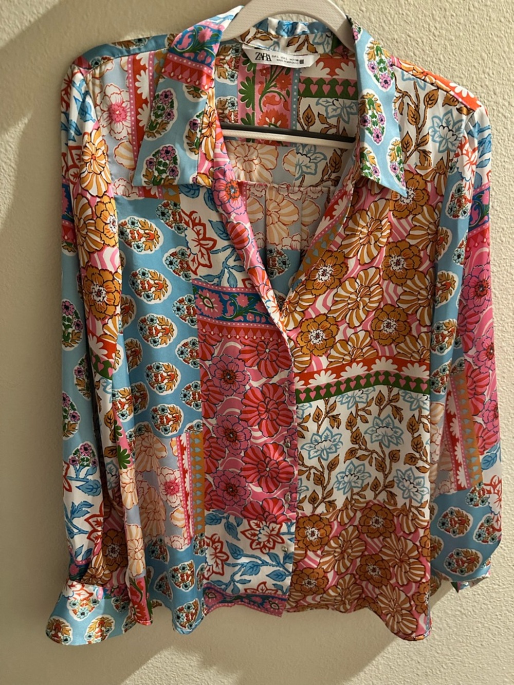 Zara Patchwork Floral Button-Down Shirt in Blue, Pink, Yellow, Cream Medium